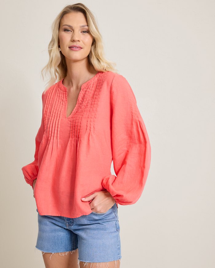 Coastalina Linen Pintuck Peasant Top