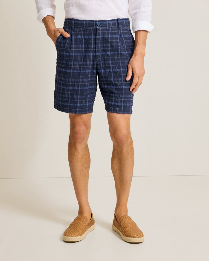 Midnight Check Stretch-Linen 9-Inch Shorts